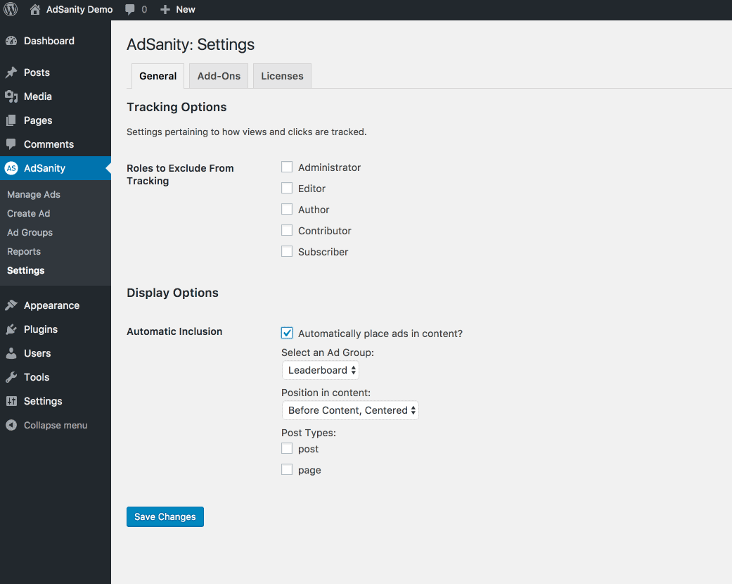adsanity settings page
