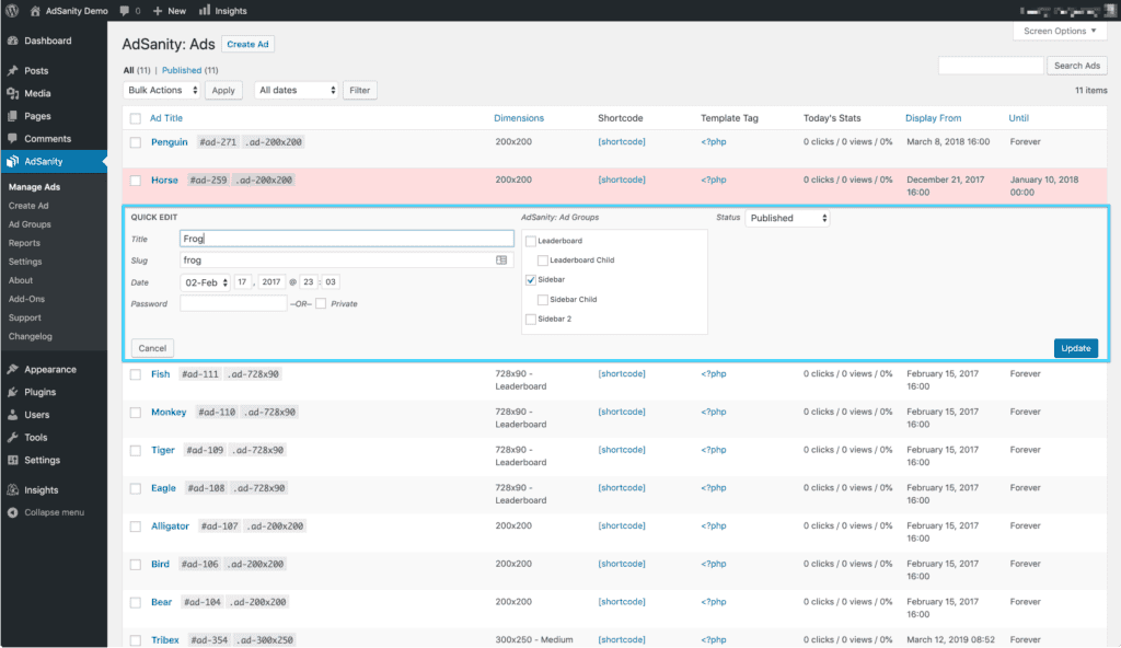 Manage Ads - The AdSanity Plugin