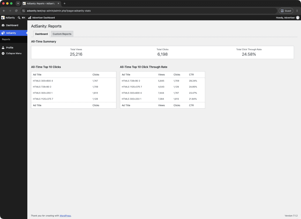 This is an example of the summary view that your advertisers will be able to access.