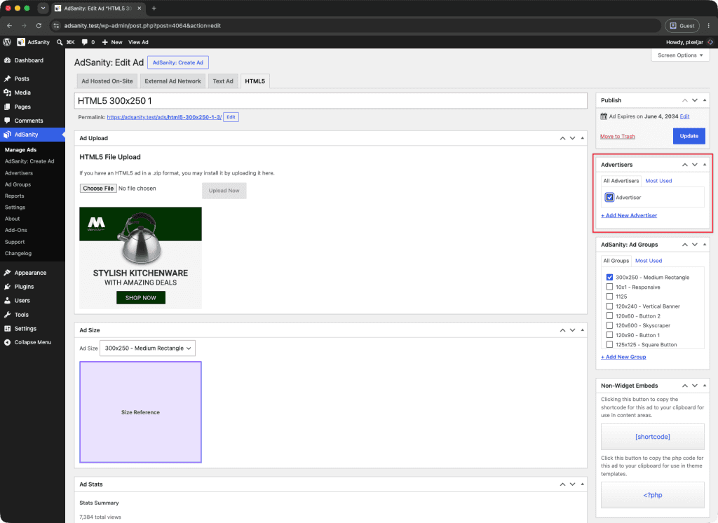 Assigning an Advertiser on the Ad Edit screen.