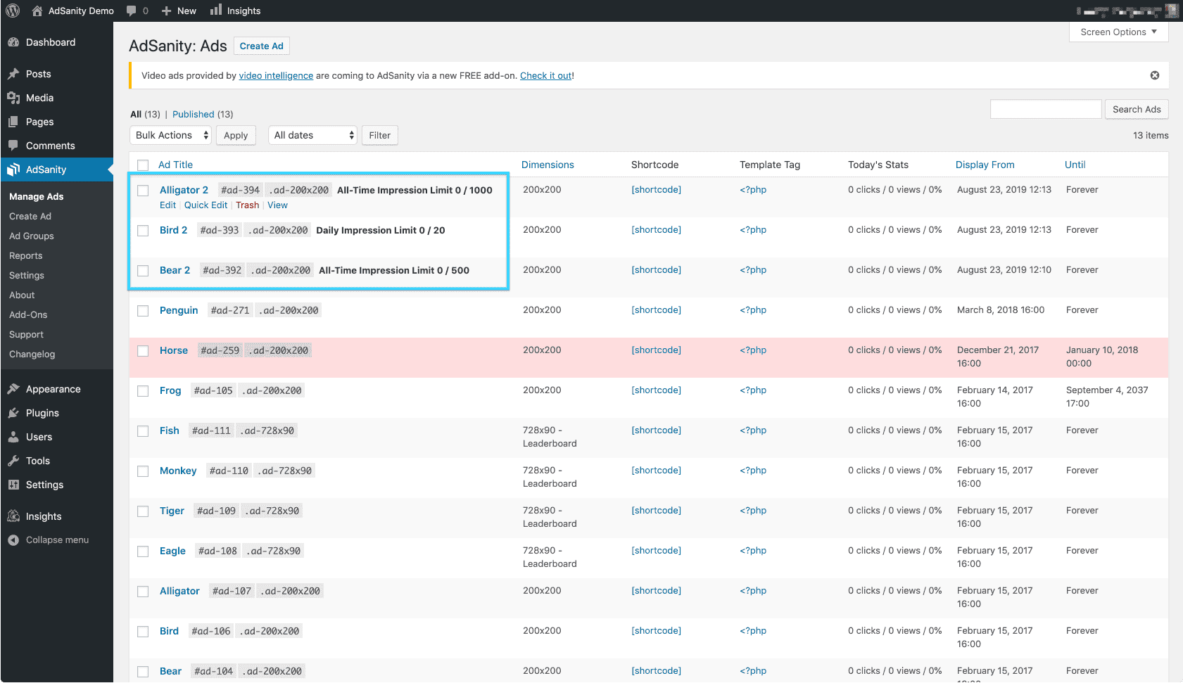 impression add-on list screen